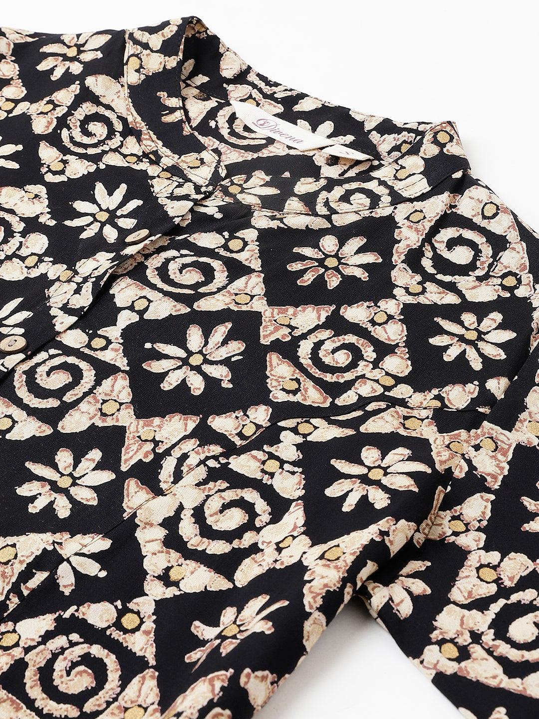 Divena Black Floral printed Rayon A-line Shirts Style Top - divena world
