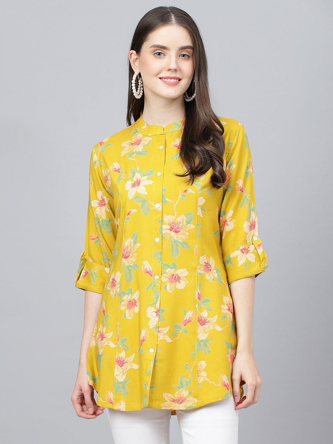 Divena Yellow Floral printed Rayon A-line Shirts Style Top - divena world
