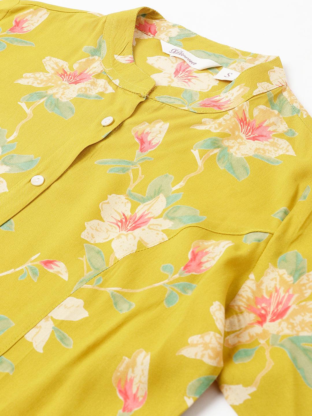 Divena Yellow Floral printed Rayon A-line Shirts Style Top - divena world