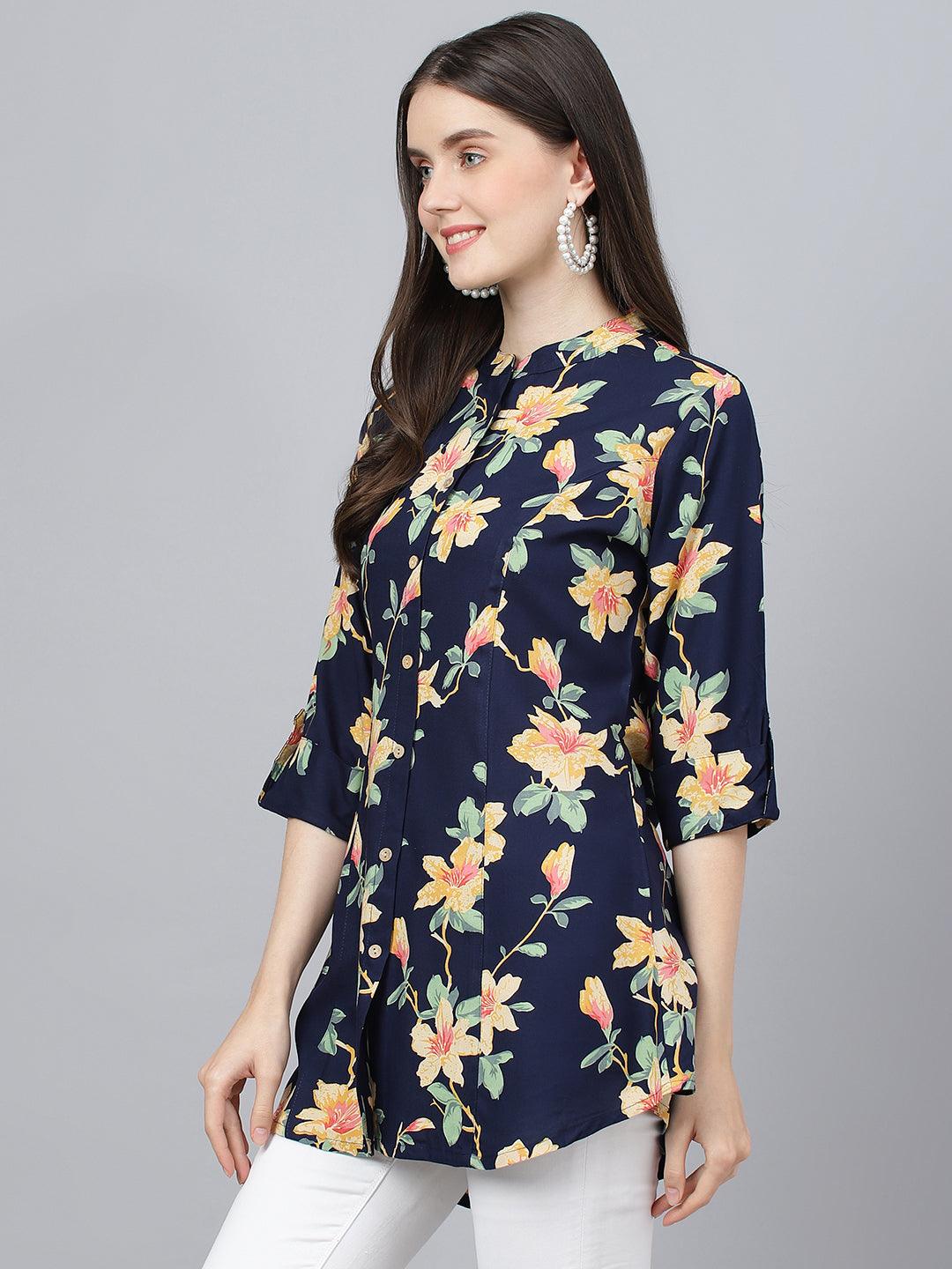 Divena Navy Blue Floral printed Rayon A-line Shirts Style Top - divena world