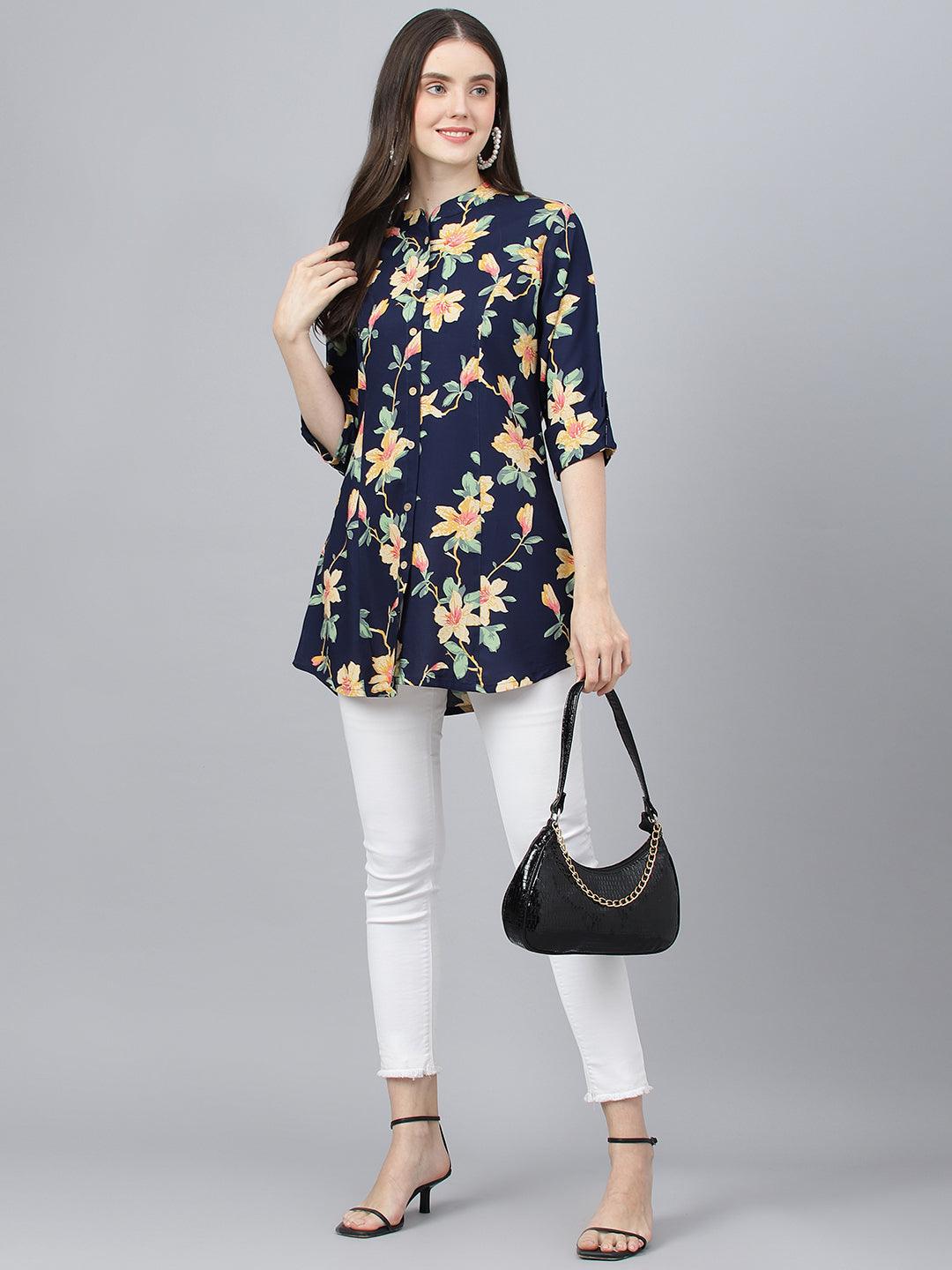 Divena Navy Blue Floral printed Rayon A-line Shirts Style Top - divena world