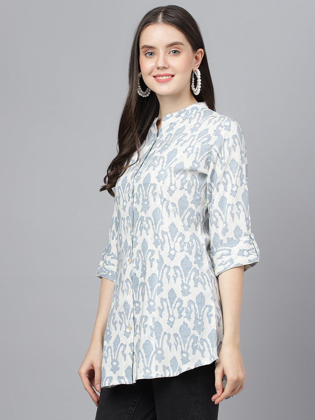 Divena Off white Abstract printed Rayon A-line Shirts Style Top - divena world
