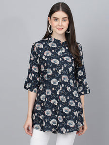 Divena Blue Floral printed Rayon A-line Shirts Style Top - divena world