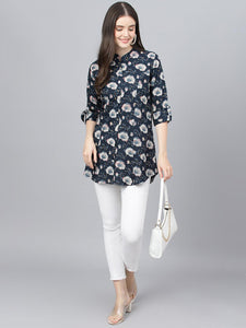 Divena Blue Floral printed Rayon A-line Shirts Style Top - divena world