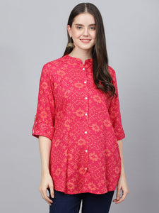 Divena Pink Abstract printed Rayon A-line Shirts Style Top - divena world