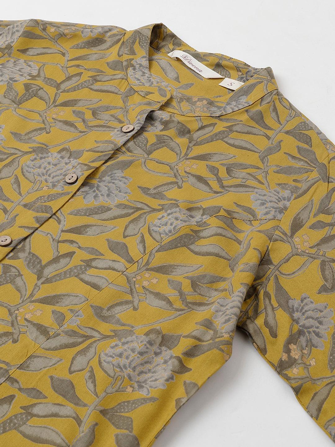 Divena Mustard Floral printed Rayon A-line Shirts Style Top - divena world