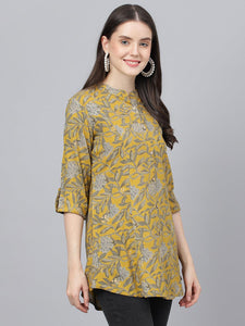 Divena Mustard Floral printed Rayon A-line Shirts Style Top - divena world