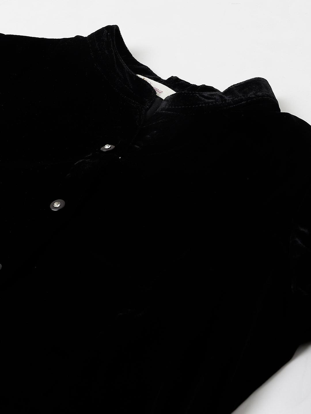 Divena Black Solid Velvet A-line Shirts Style Top - divena world