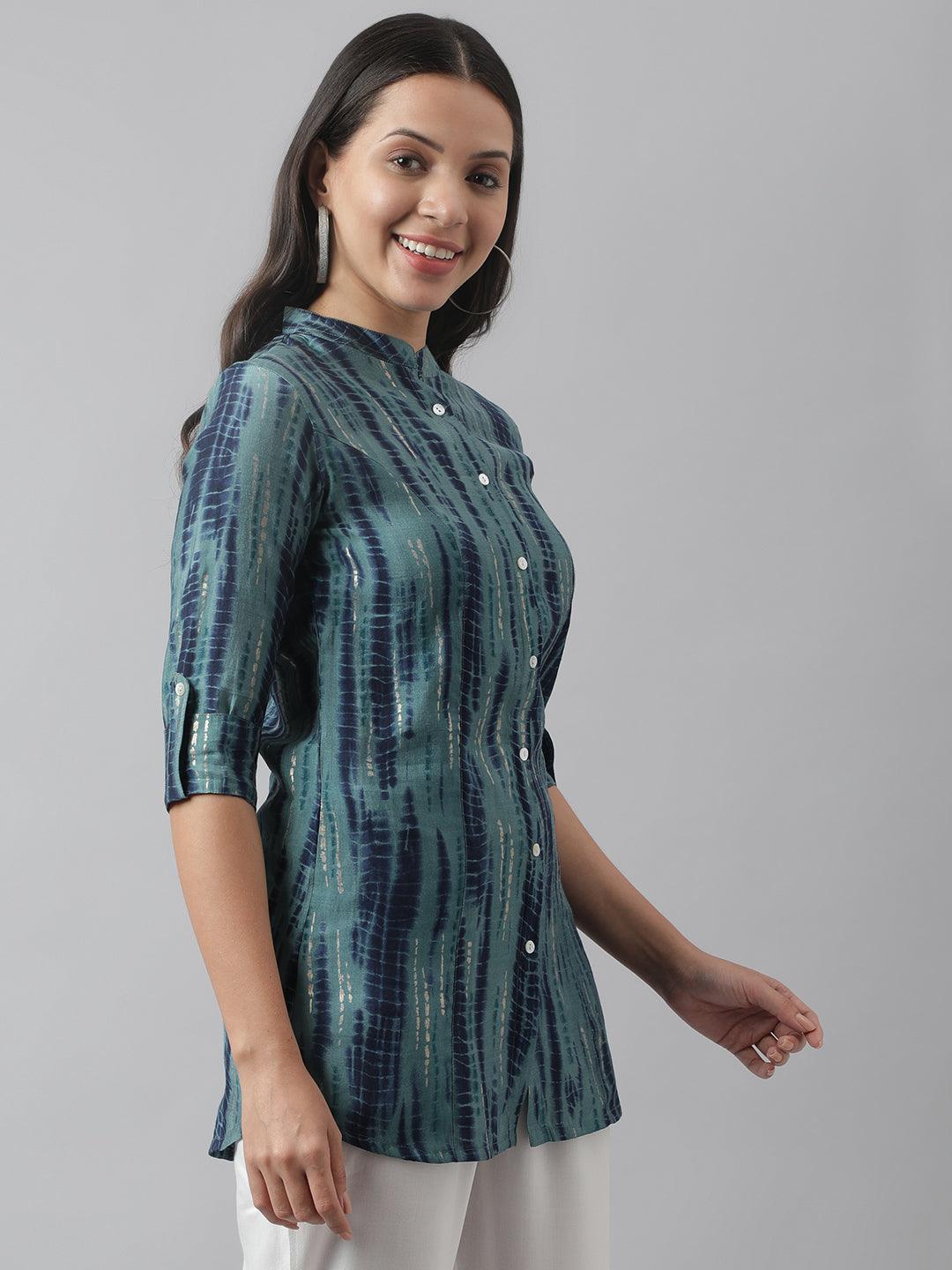 Divena Teal Floral Printed Muslin A-line Shirt Style Top - divena world