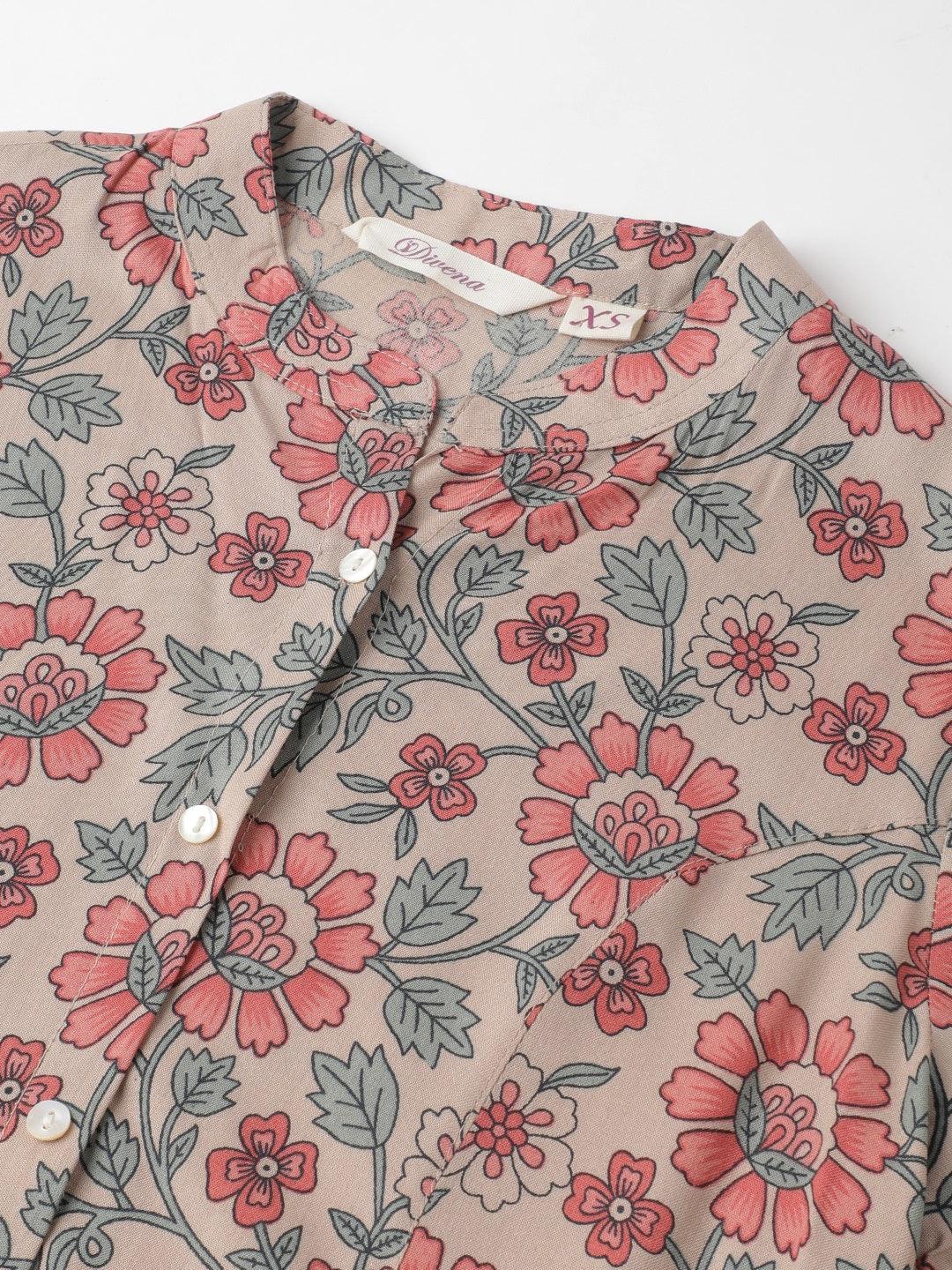 Divena Dark Beige Floral Printed Rayon A-line Shirt Style Top - divena world