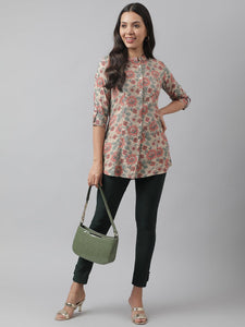 Divena Dark Beige Floral Printed Rayon A-line Shirt Style Top - divena world