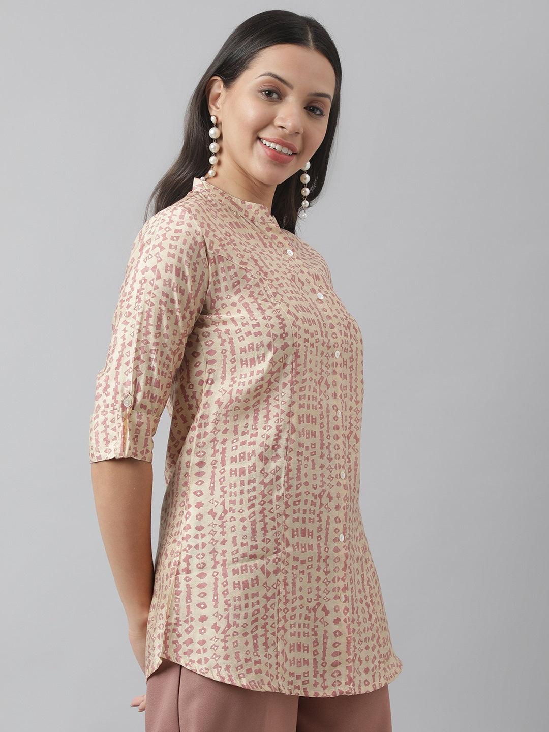 Divena Beige Floral Printed Muslin A-line Shirt Style Top - divena world