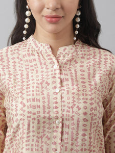 Divena Beige Floral Printed Muslin A-line Shirt Style Top - divena world