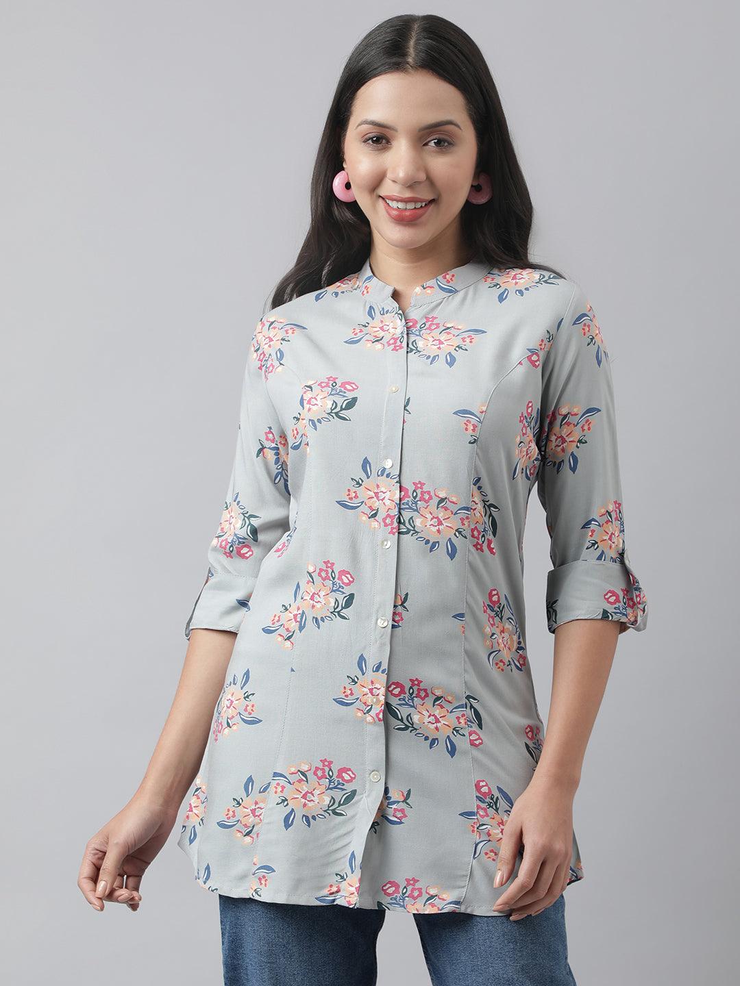 Divena Gray Floral Printed Rayon A-line Shirt Style Top - divena world