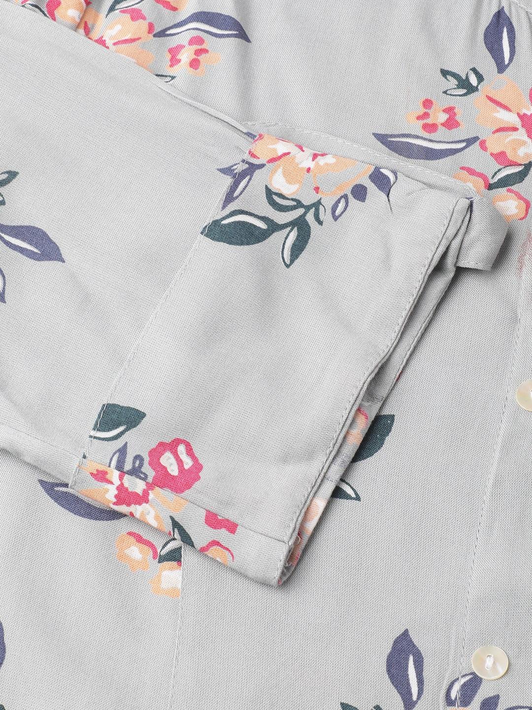 Divena Gray Floral Printed Rayon A-line Shirt Style Top - divena world