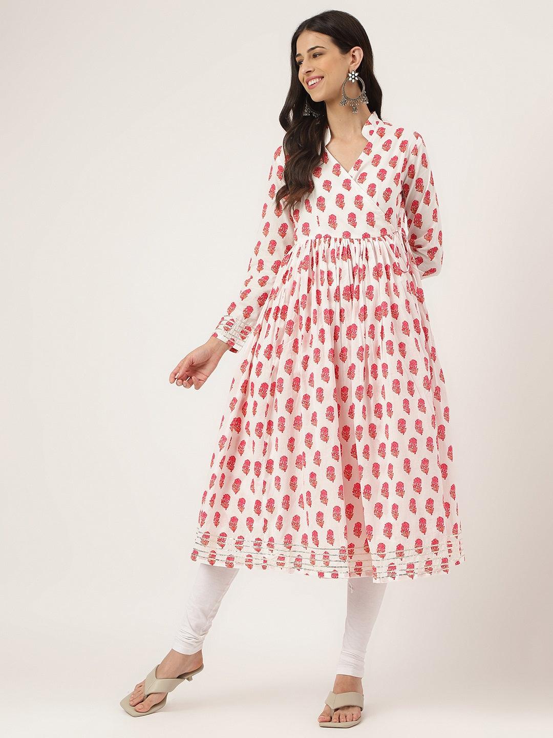 White and Red Floral Printed Angarakha Kurta — view 1