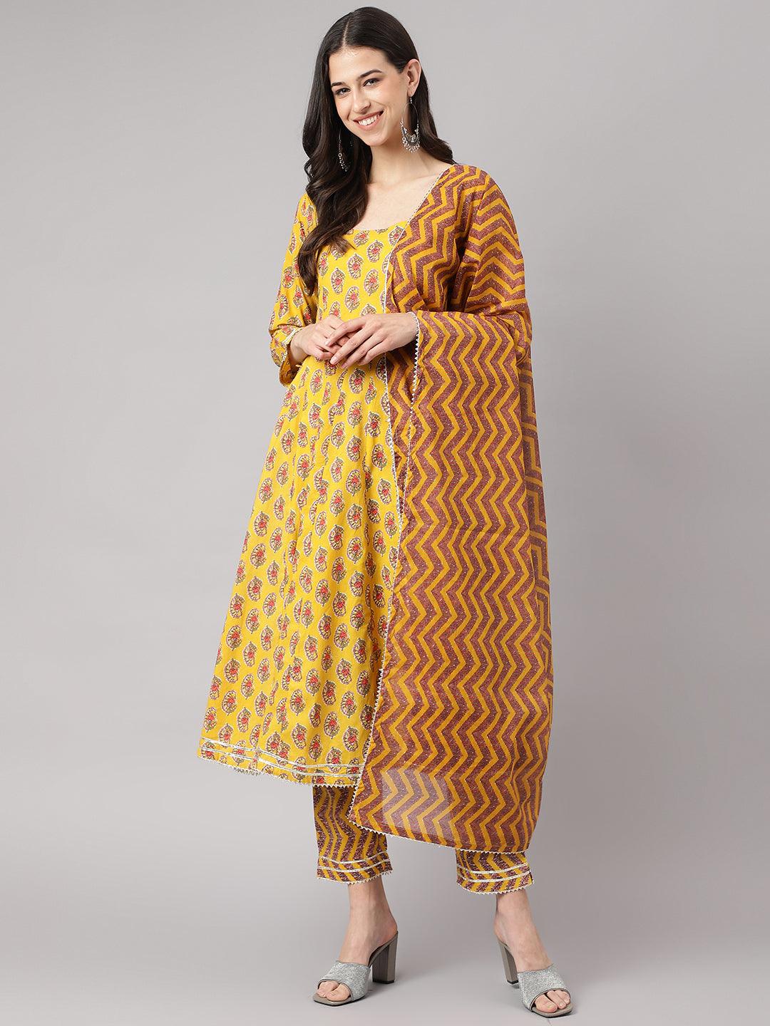 Divena Yellow Cotton Anarkali Kurta Pant Set with Dupatta - divena world