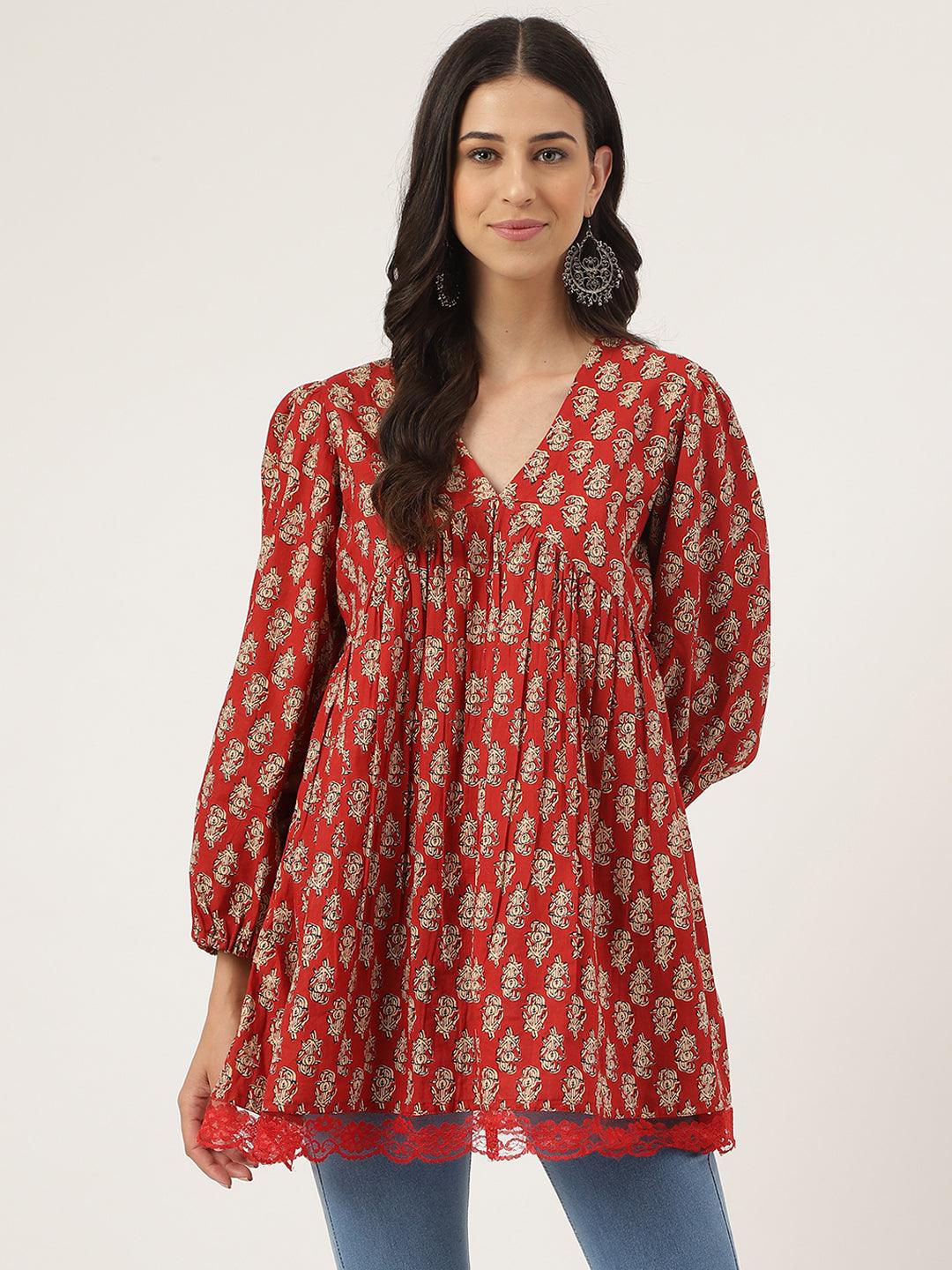 Red Floral Cotton Pemplum Style Top — view 1
