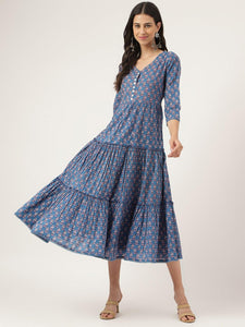 Divena Blue Floral Printed Long dress - divena world
