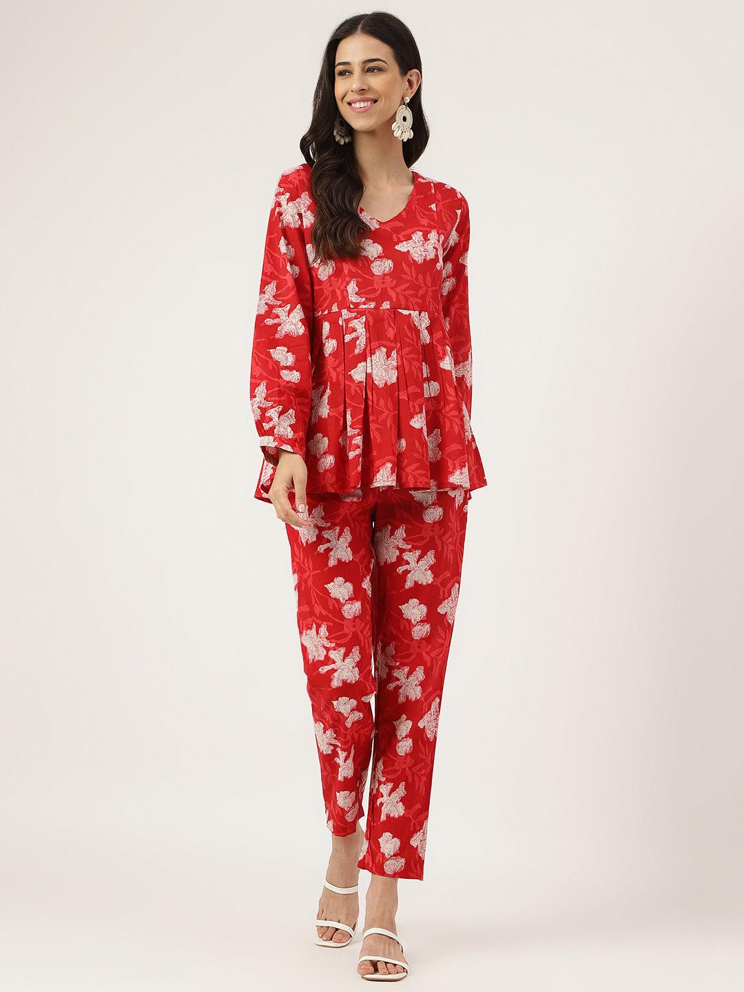 Red Cotton Peplum Top Pant Co-ords Sets — view 1