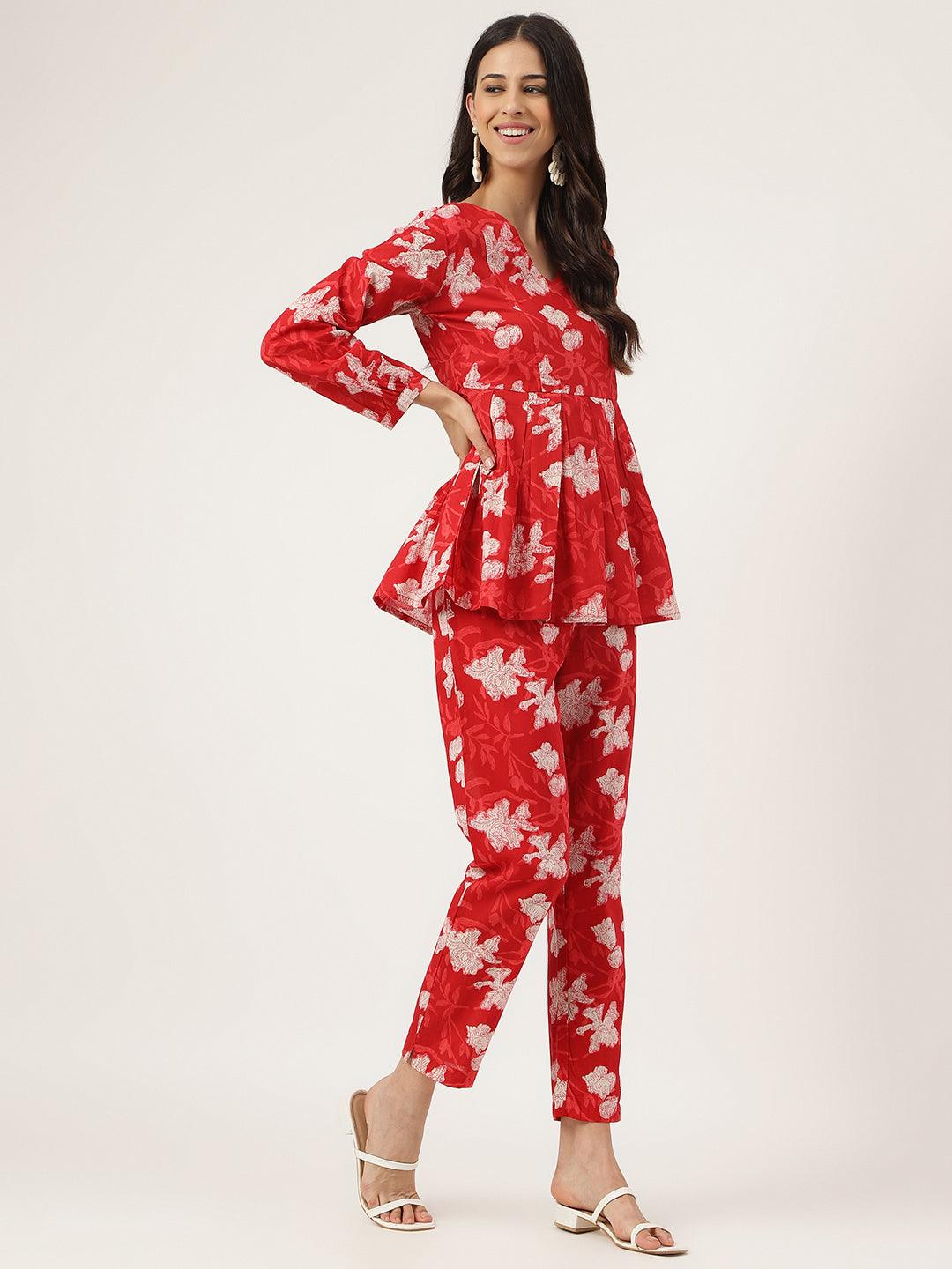 Divena Red Cotton Peplum Top Pant Co-ords Sets - divena world