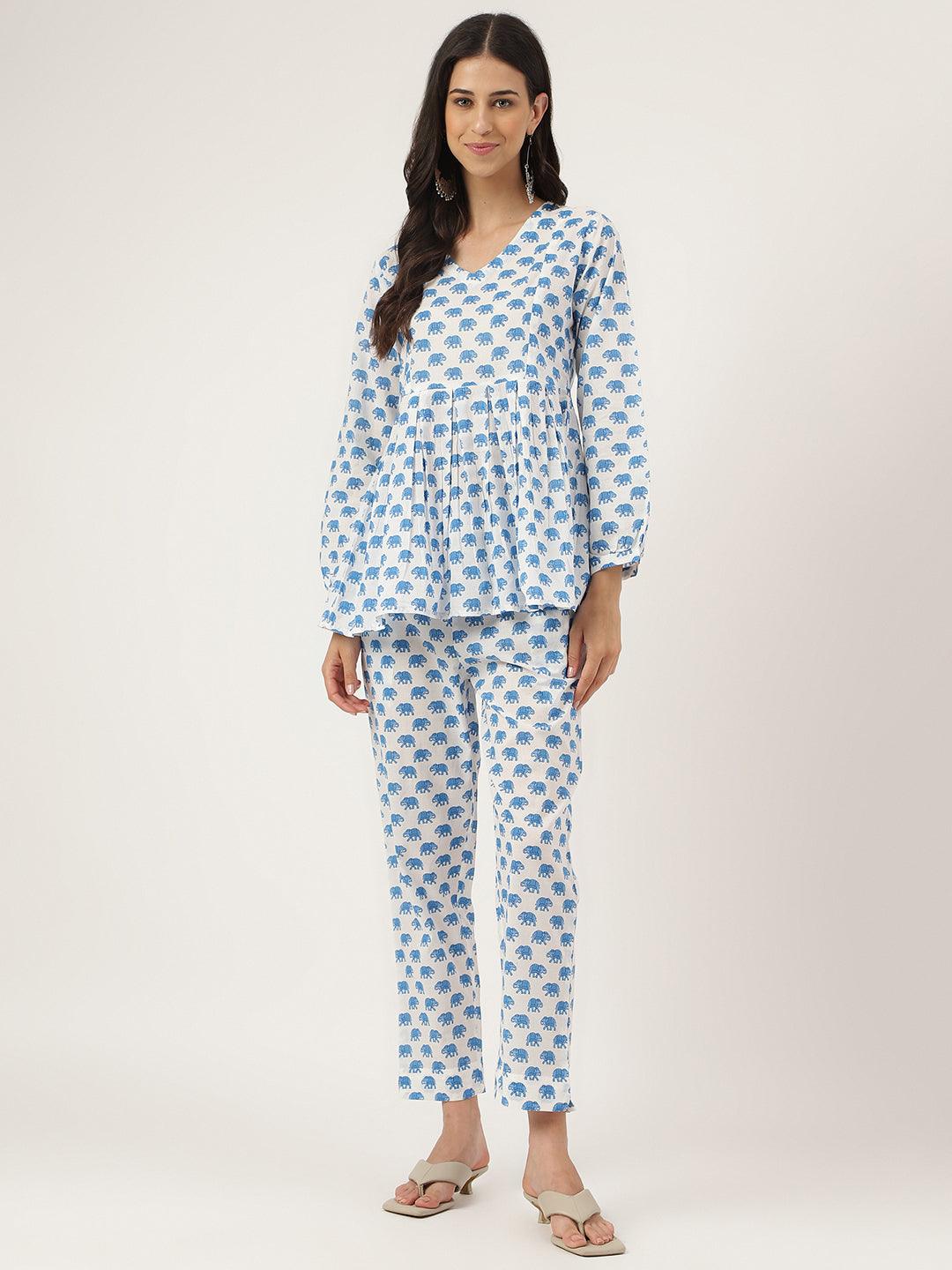 White Animal Printed Cotton Peplum Top Pant Co-ords Sets — view 1