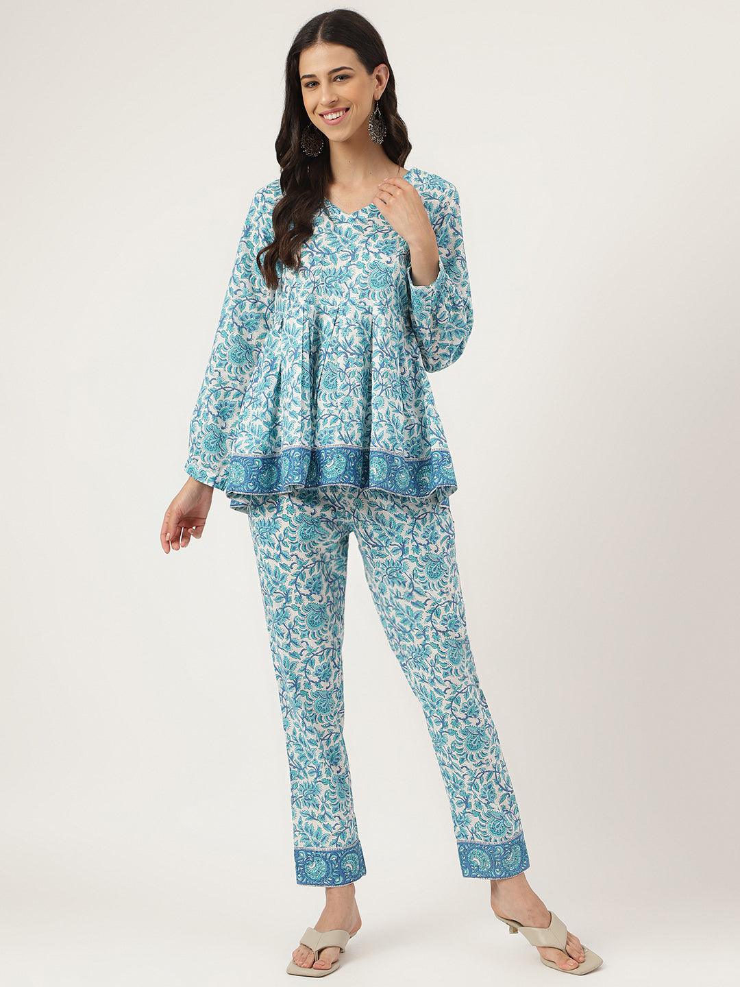 White Floral Printed Cotton Peplum Top Pant Co-ords Sets — view 1