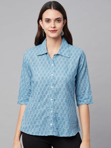 Divena Sky Blue Block Printed Casual Women Shirts - divena world
