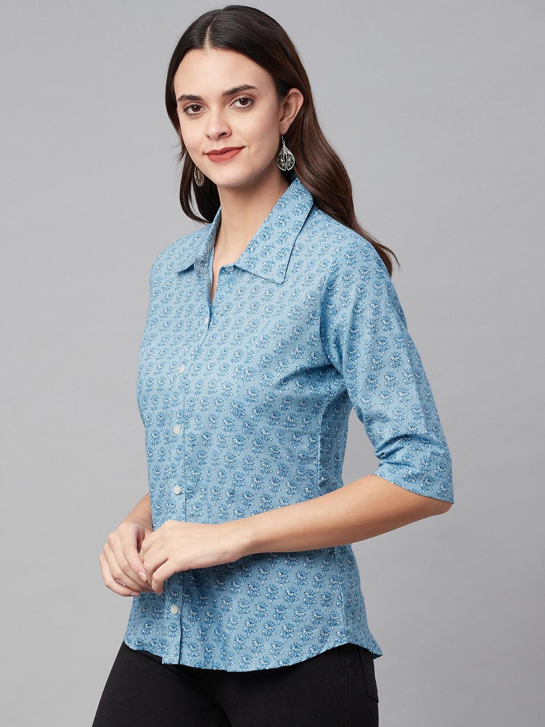 Divena Sky Blue Block Printed Casual Women Shirts - divena world