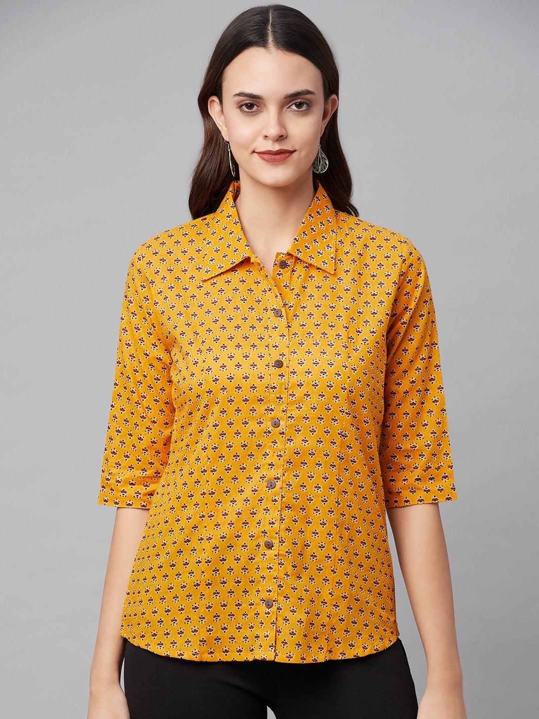Divena Yellow Block Printed Casual Women Shirts - divena world