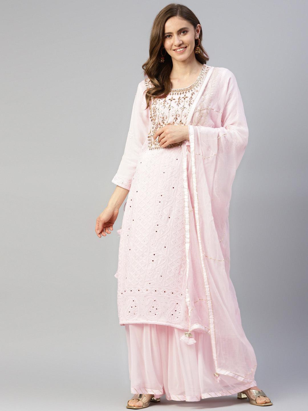 Pure Chicken krai georgette Powder Pink Kurta Palazoo Set with Dupatta — view 1