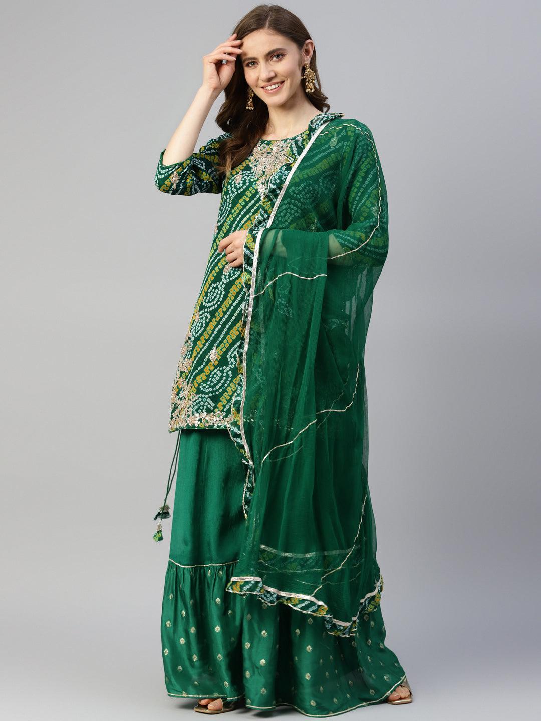 Gota Work Green Bandhani Print georgette Kurta Palazzo Set with Dupatta — view 1