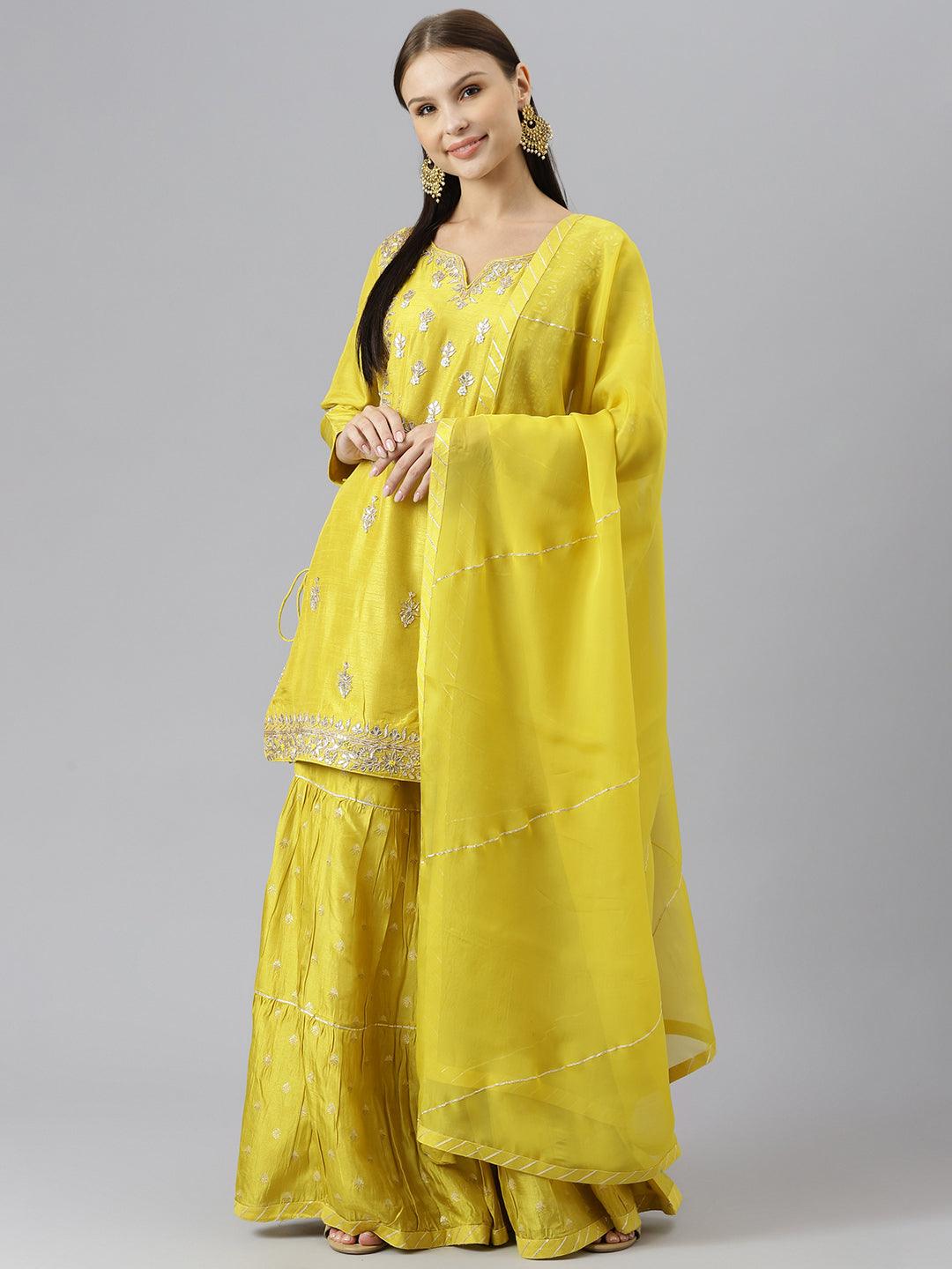 Lemon Yellow Pure Rassion Chenderi Kurta Sharara Set with Dupatta — view 1