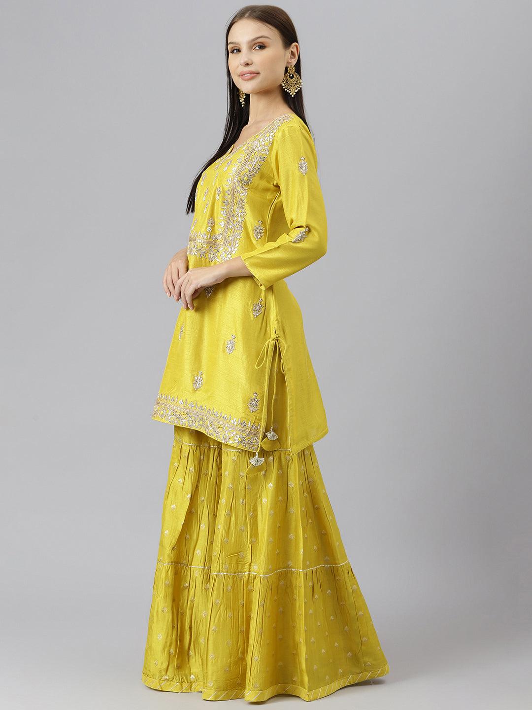 Divena Lemon Yellow Pure Rassion Chenderi Kurta Sharara Set with Dupatta - divenaworld.com