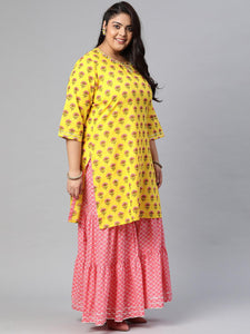 Plus Size Yellow Printed Kurta with Lahariya Sharara and Ruffled Dupatta Set - divena world