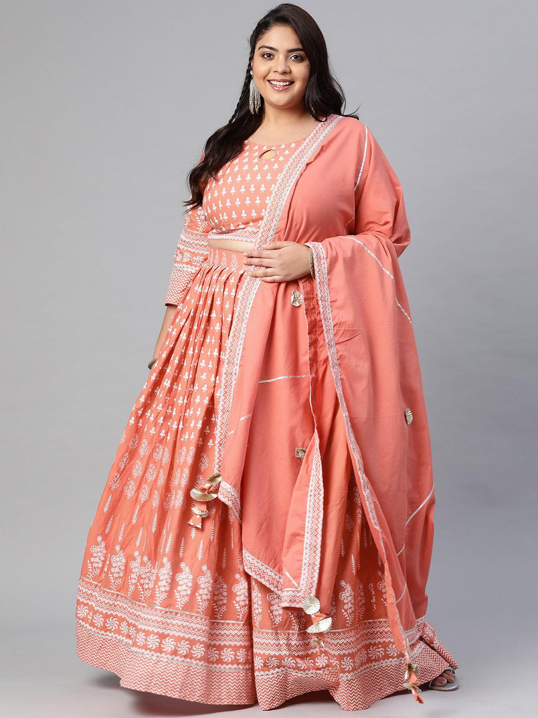 Plus Size Pink Printed Crop Top, lehenga with Dupatta set — view 1