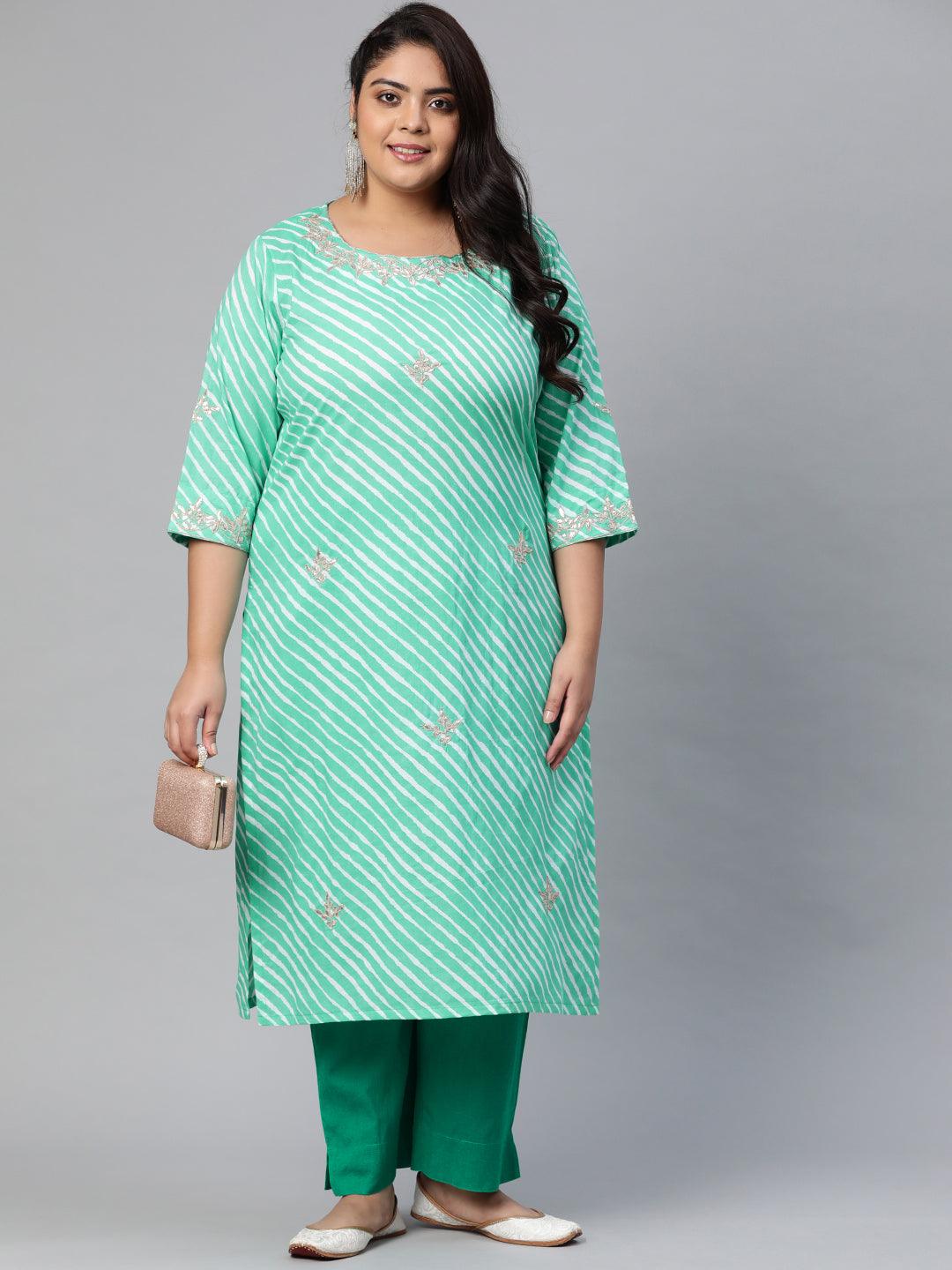 Plus Size Green Leheriya Cotton Gota Patti Straight Kurta - divena world