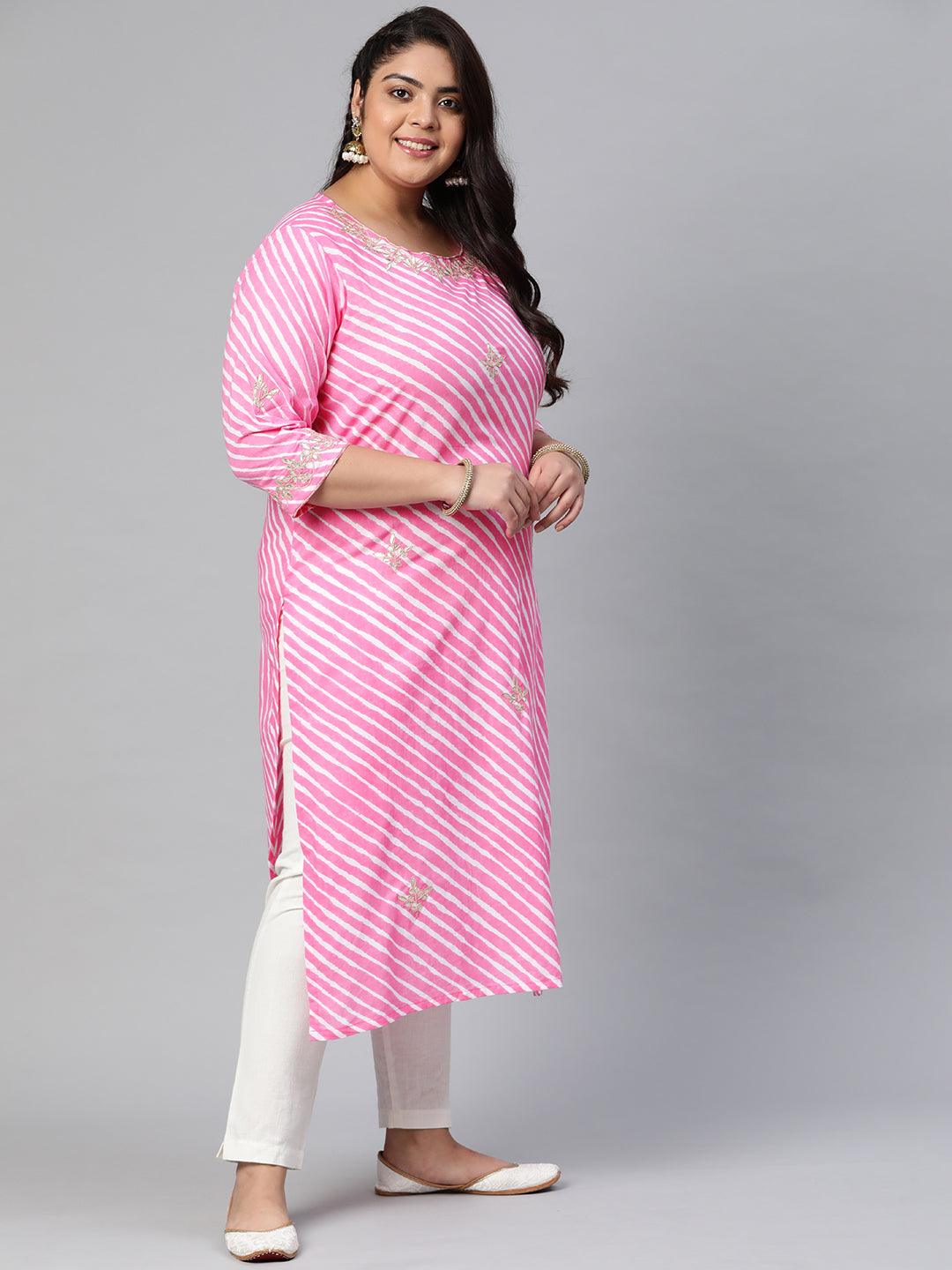 Plus Size Pink Lahariya Cotton Gota patti Straight Kurta - divena world