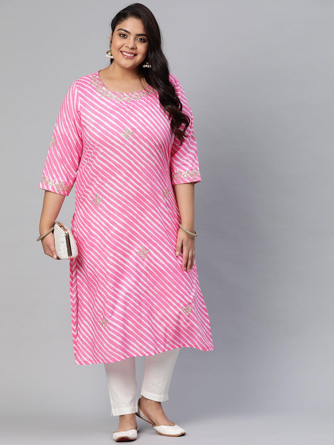 Plus Size Pink Lahariya Cotton Gota patti Straight Kurta - divena world