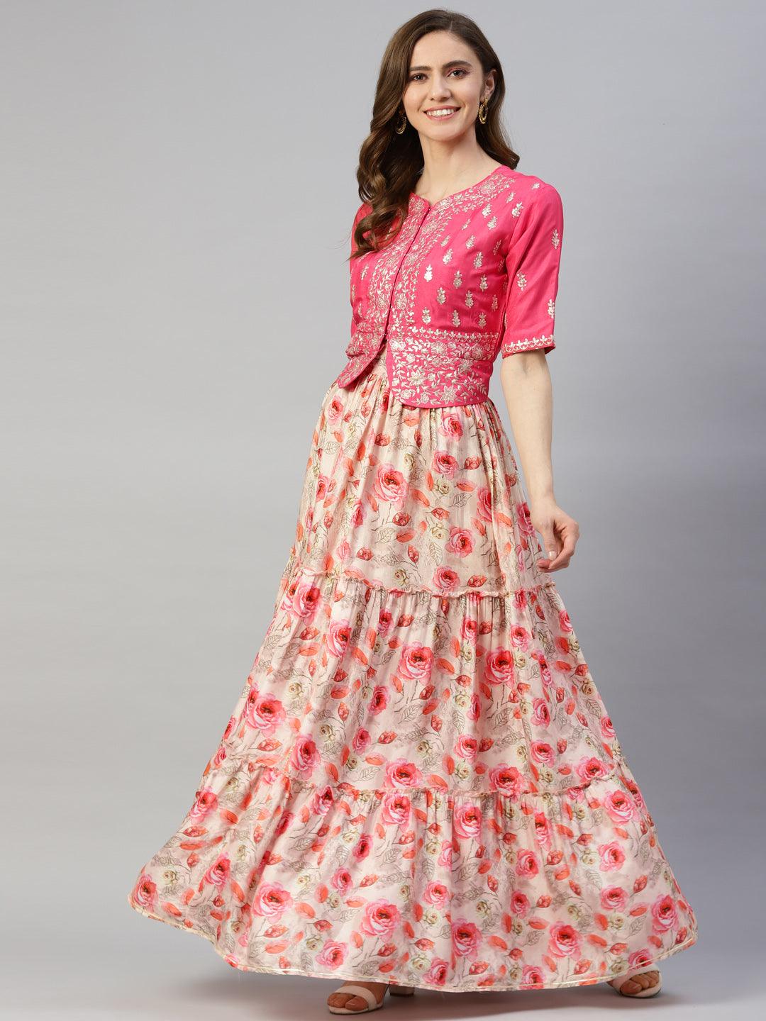 Pink Raw Silk Top with skirt set — view 1