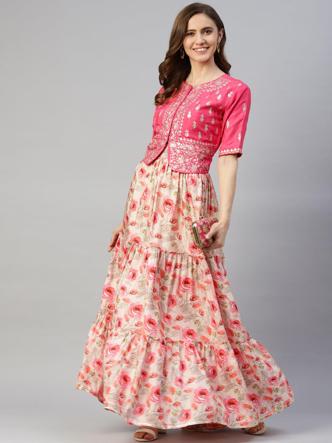 Divena Pink Raw Silk Top with skirt set - divenaworld.com