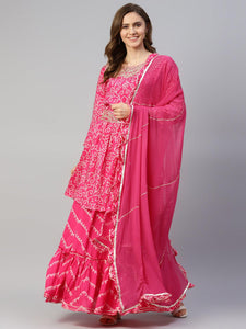 Divena Pink Muslin Bandhani Printed Embroidery Peplum Kurta Sharara Set with Dupatta - divenaworld.com