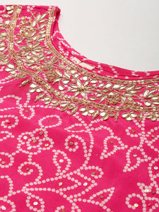 Divena Pink Muslin Bandhani Printed Embroidary Peplum Kurta Sharara Set with Dupatta - divenaworld.com