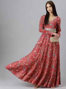 Divena Maroon Floral Printed Muslin Flared Gown - divenaworld.com