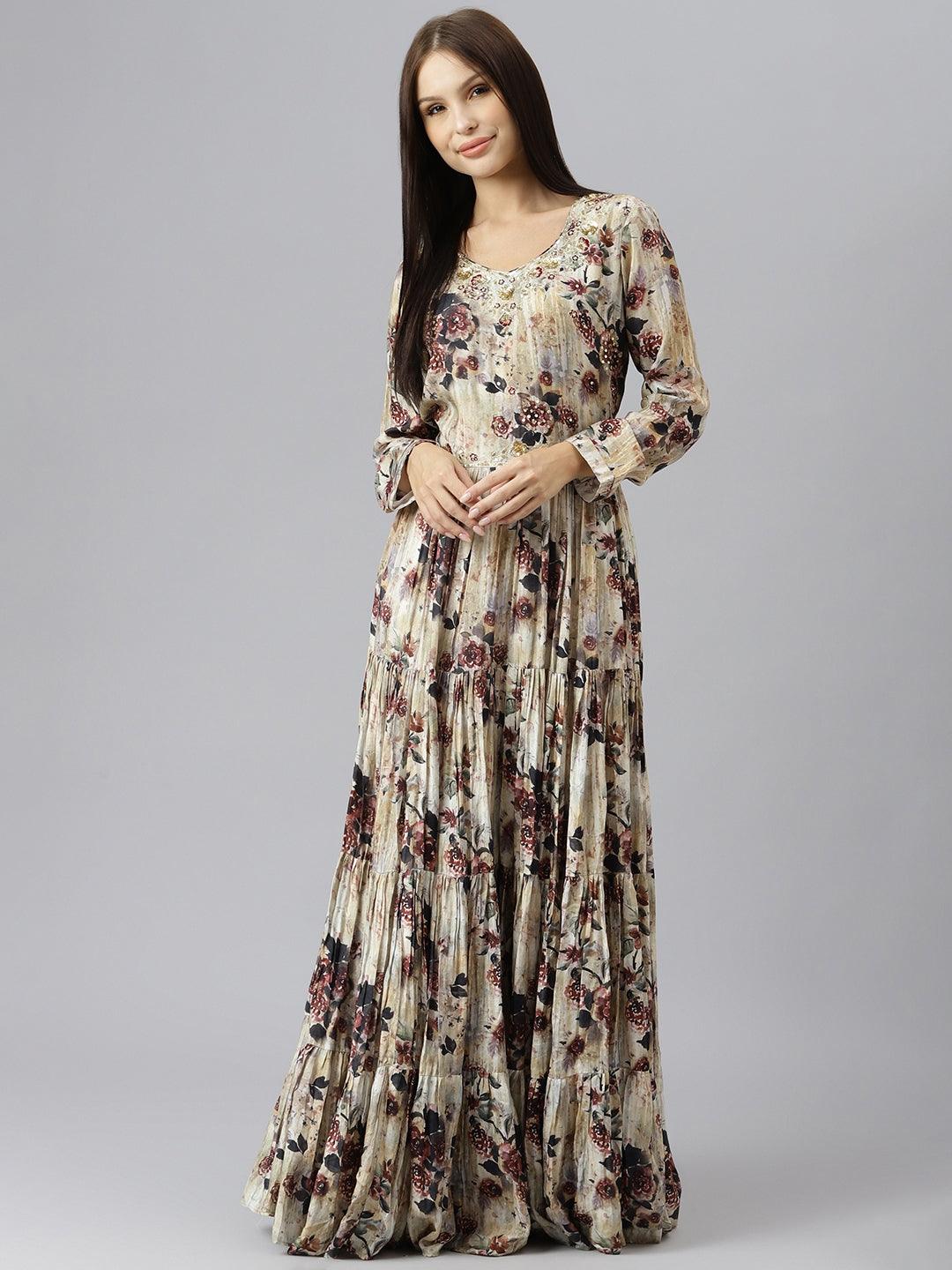 Divena Cream Floral Printed Muslin Flared Gown - divenaworld.com