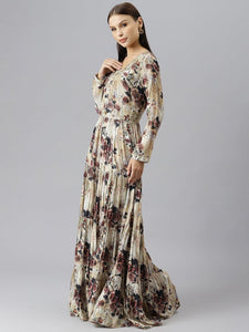 Divena Cream Floral Printed Muslin Flared Gown - divenaworld.com