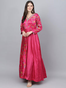 Divena Pink Floral Printed Gaji Silk Flared Gown - divena world