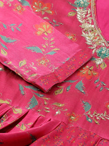 Divena Pink Floral Printed Gaji Silk Flared Gown - divena world