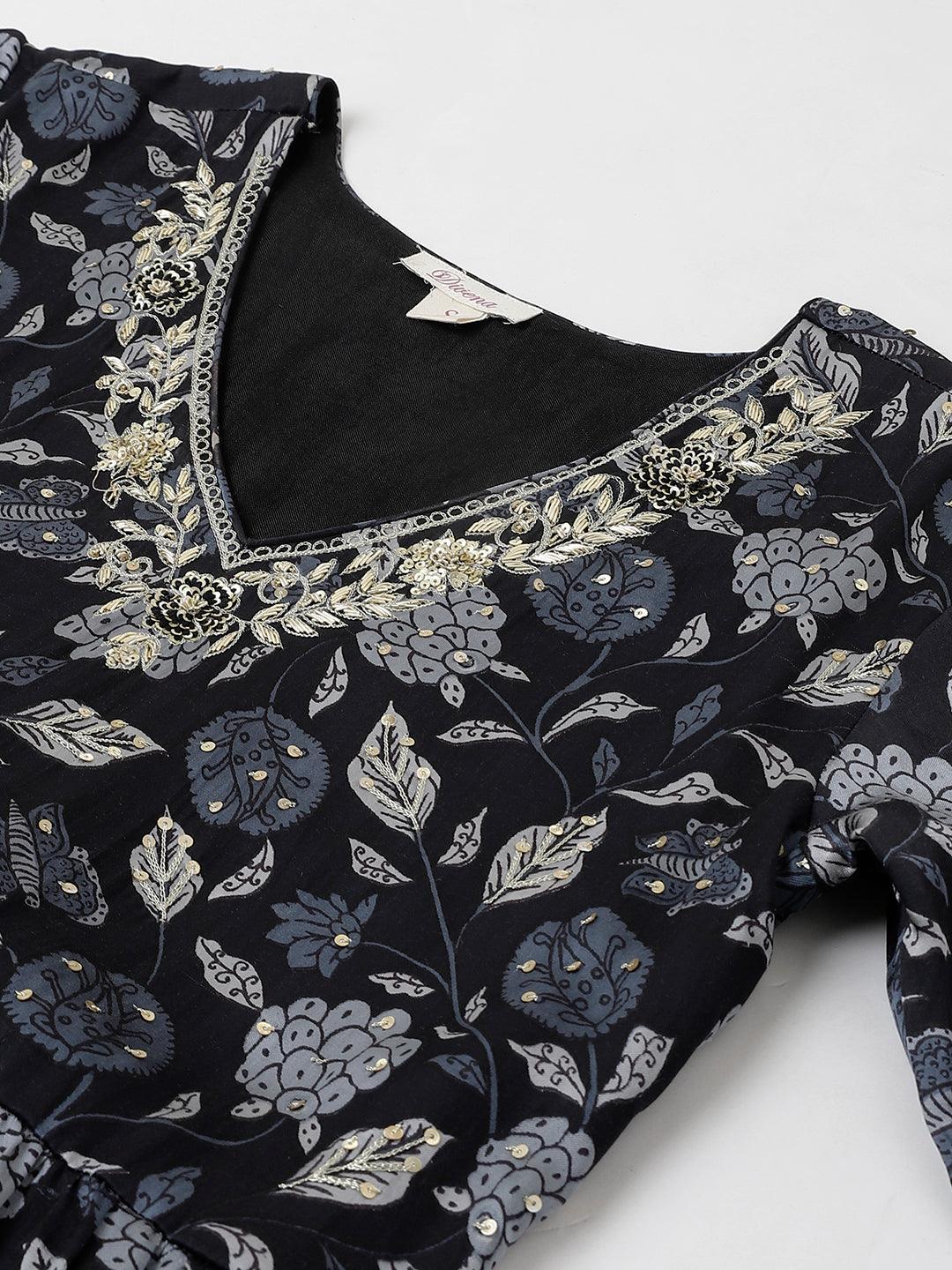 Divena Black Floral Printed Gaji Silk Flared Gown - divena world