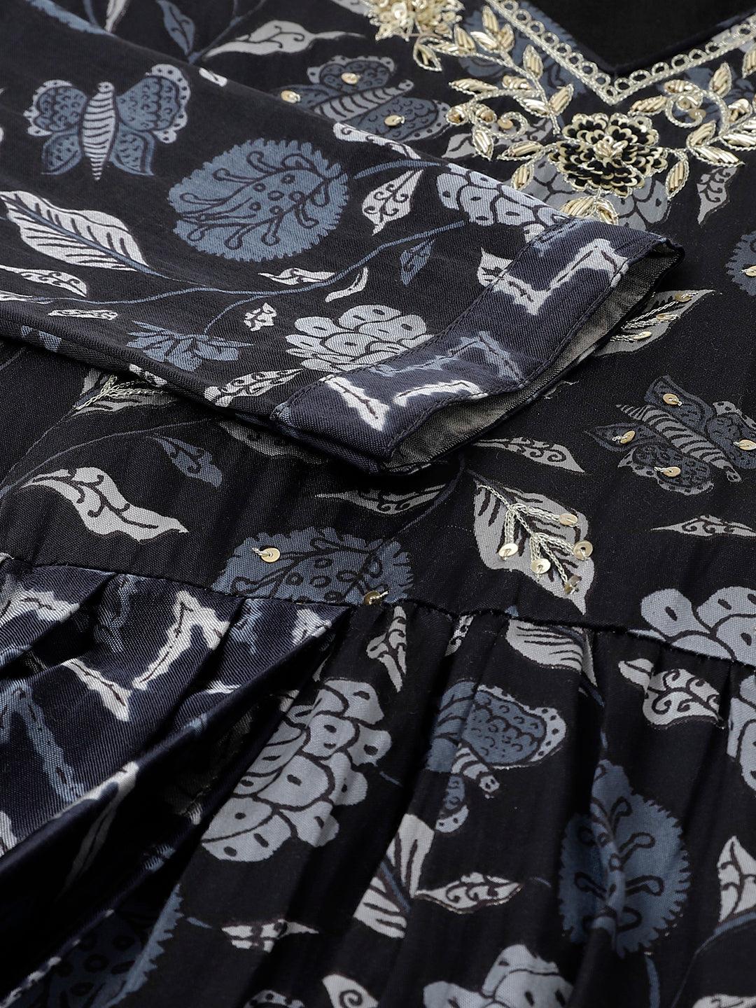 Divena Black Floral Printed Gaji Silk Flared Gown - divena world